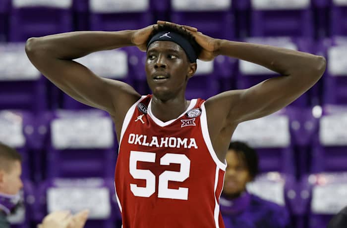 Senior forward Kur Kuath reacts to a foul call.